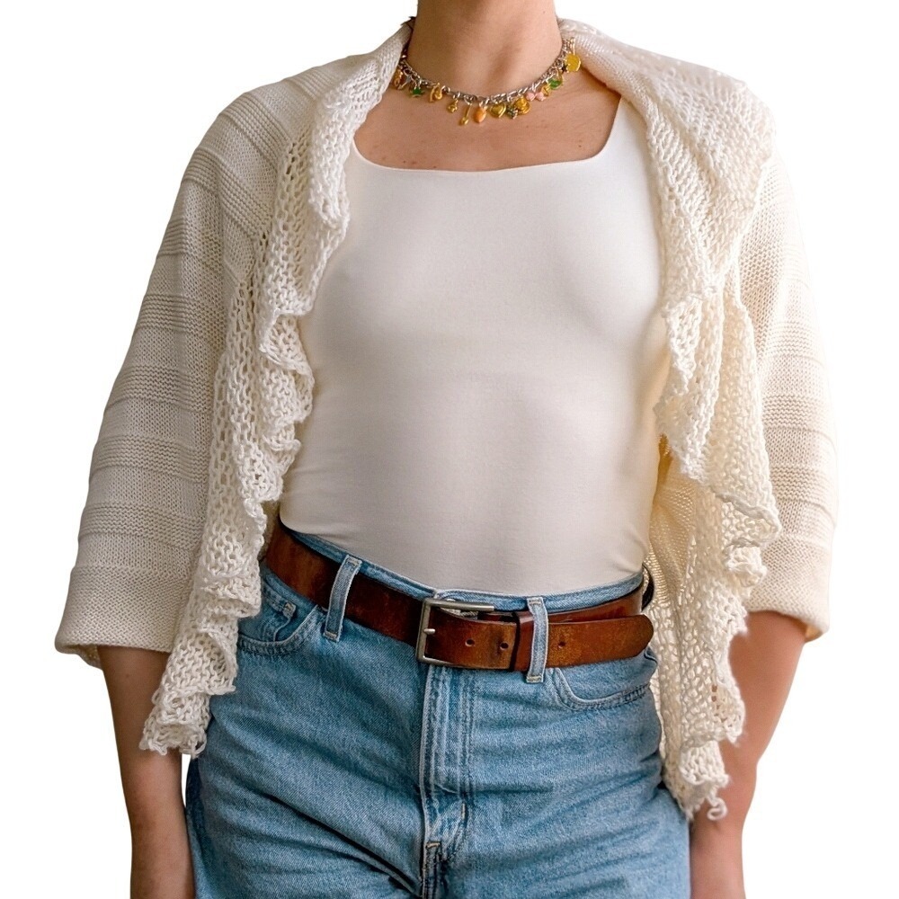 Liz Claiborne Vintage Y2K Earthy Whimsy Ivory Ruffle Open Front Wool Cardigan